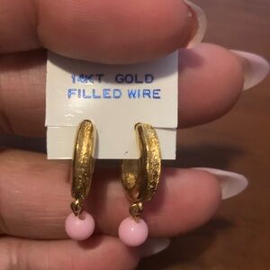 Vintage 14k Gold and Pink Hoop Earrings